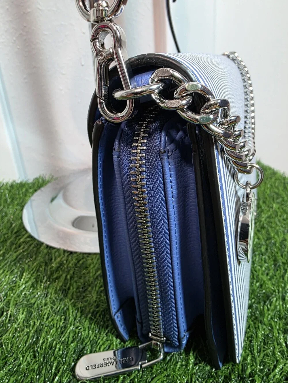 ​Karl Lagerfeld Paris Striped Crossbody Bag - Blue & White Accordion Wallet